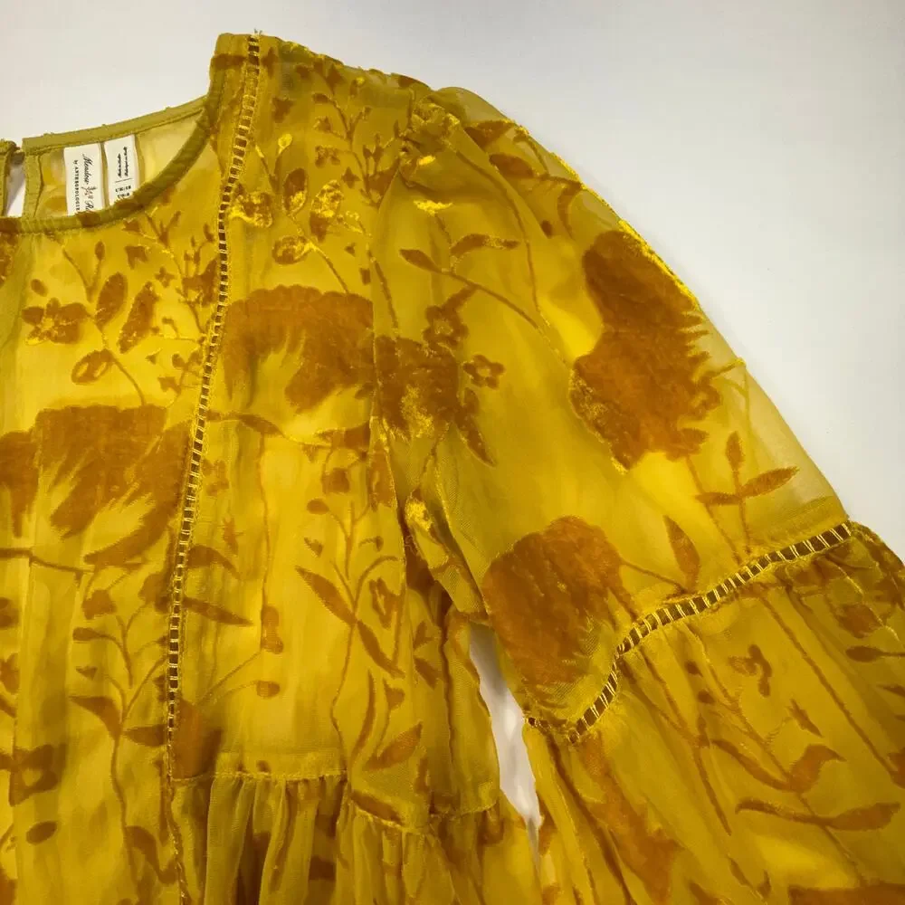 Anthropology Meadow Rue Sheer Velvet Boho Blouse Sz 8 Gold Floral Peasant - Picture 4 of 12